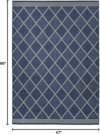 FH Home Flat Woven Outdoor Rug - Waterproof, Easy to Clean, Stain Resistant - Premium Polypropylene Yarn - Moroccan Geo Lattice - Patio,Deck,Porch,Balcony,Laundry - Tunis - Blue - 3ft 11 in x 5ft 6in