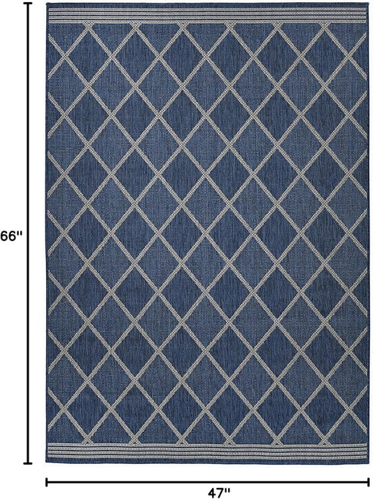 FH Home Flat Woven Outdoor Rug - Waterproof, Easy to Clean, Stain Resistant - Premium Polypropylene Yarn - Moroccan Geo Lattice - Patio,Deck,Porch,Balcony,Laundry - Tunis - Blue - 3ft 11 in x 5ft 6in
