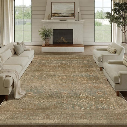 Vintage Area Rug 9x12 Washable Brown Living Room Carpet Large Indoor Non Slip Bedroom Low Pile Kitchen Distressed Retro Accent Throw Rug for Dining Room
