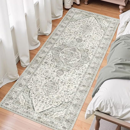 2x6 Runner Rugs for Hallway Non-Slip Fall Runner Rugs with Rubber Backing Washable Rug Runner for Kitchen Bedroom Vintage Distressed Carpet (Border Cream)