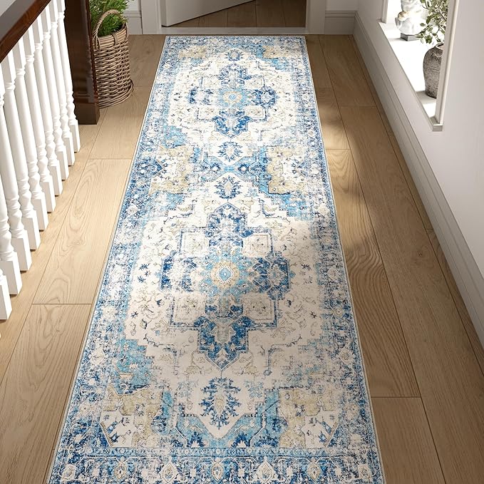 jinchan Kelda Runner Rug 3x8 Washable Rug Soft Hallway Runner Indoor Vintage Print Floor Cover Retro Distressed Lightweight Non-Slip Thin Carpet for Bathroom Kitchen Living Room Bedroom Blue