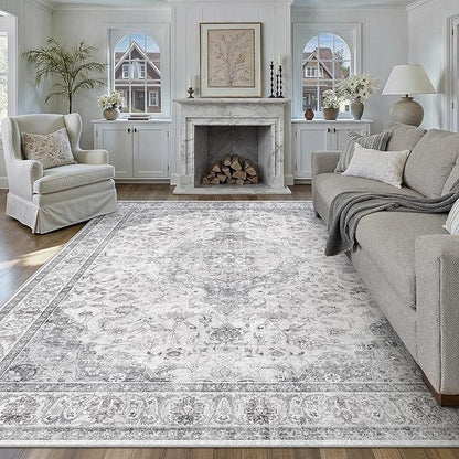 HUGEAR Area Rug 8x10 Vintage Grey Machine Washable Living Room Rugs Thin Neutral Floral Vacuumable Low Pile Carpet Bedroom Office Dining Room Laundry Room Non Slip Soft Lightweight