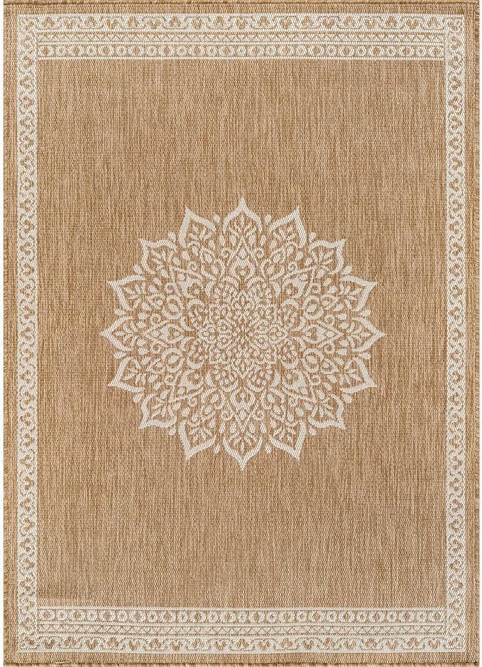 CAMILSON Outdoor Rug 10x14 Medallion Natural Modern Large Area Rugs for Indoor and Outdoor Patios Kitchen and Hallway Mats Washable Porch Deck Outside Carpet (Medallion Natural 10 x 14)