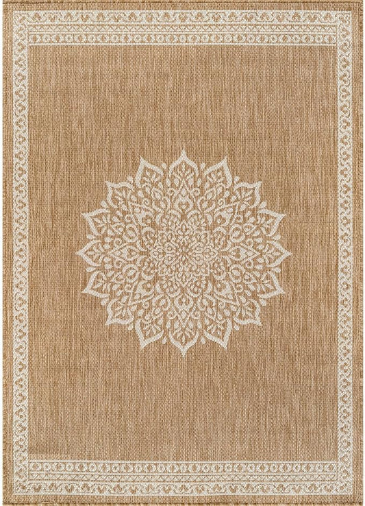 CAMILSON Outdoor Rug 10x14 Medallion Natural Modern Large Area Rugs for Indoor and Outdoor Patios Kitchen and Hallway Mats Washable Porch Deck Outside Carpet (Medallion Natural 10 x 14)
