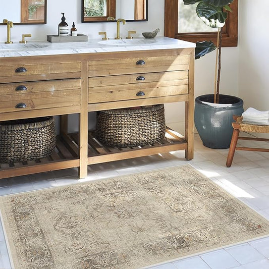 RUGGABLE Washable Vintage Area Rug – Sarrah Hazel 4x6, Stain-Resistant, Non-Slip – Medium Machine Washable Rugs for Living Room, Bedroom, Hallway, Entryway & Office–with Standard Pad