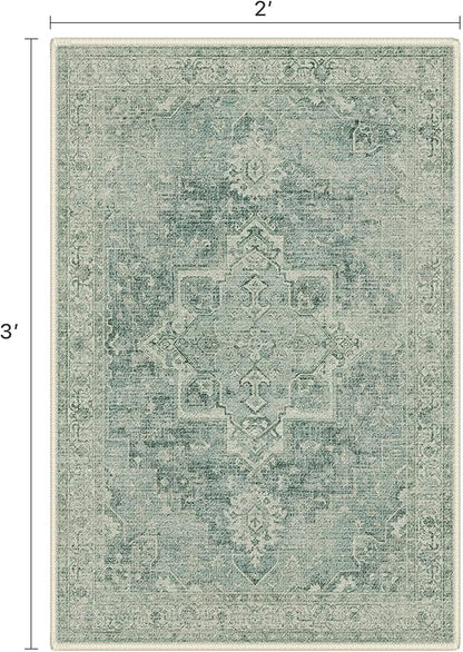 Area Rug 2x3 Doormat, Machine Washable Low Pile Vintage Rugs, Small Lightweight Rug Entryway Indoor Mat for Entrance, Hallway, Kitchen and Corridor, Green