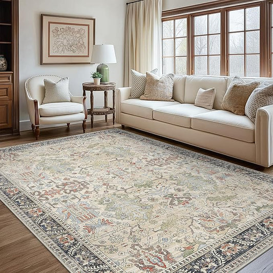 Bavni Area Rugs 9x12 Living Room Clearance Washable Large Carpet for Bedroom Non-Slip, Ultra Thin Low Pile Modern Printed Decorative Rug for Dinning Room Office, Ivory/Teal
