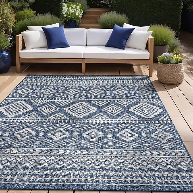 Beverly Rug Waikiki Boho Indoor Outdoor Rug 8x10, Washable Outside Carpet for Patio, Deck, Porch, Bohemian Area Rug, Farmhouse Rugs, Aztec Tribal Rug, Azure and White
