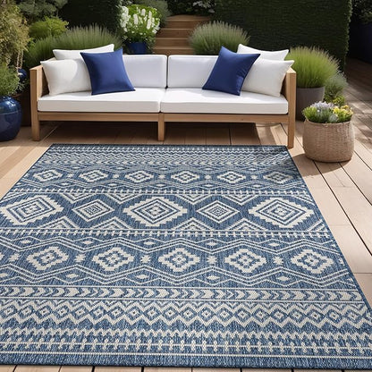 Beverly Rug Waikiki Boho Indoor Outdoor Rug 8x10, Washable Outside Carpet for Patio, Deck, Porch, Bohemian Area Rug, Farmhouse Rugs, Aztec Tribal Rug, Azure and White
