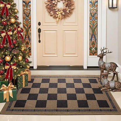 Vasofe Washable Small Entry Rug, 2x3 Checkered Jute Rugs Outdoor Indoor Front Door Mat, Non-Slip Bedroom Entrance Doorway Kitchen Mats, Plaid Farmhouse Porch Carpet, Black and Brown