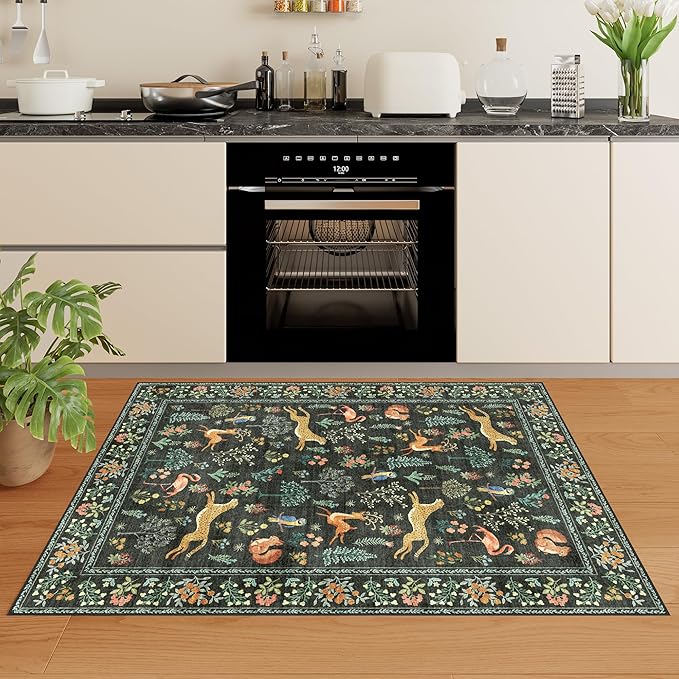 DUKINO 3x5 Rug, Washable Animal Area Rug with Non Slip Vintage Design, Indoor Soft Low Pile Carpet for Bedroom, Nursery, Dining Room, Farmhouse, Playroom, Black