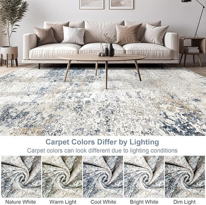 Area Rug Living Room Rugs - 7x9 Large Soft Indoor Neutral Modern Abstract Low Pile Washable Rug Carpet for Bedroom Dining Room Farmhouse Home Office - Beige Blue