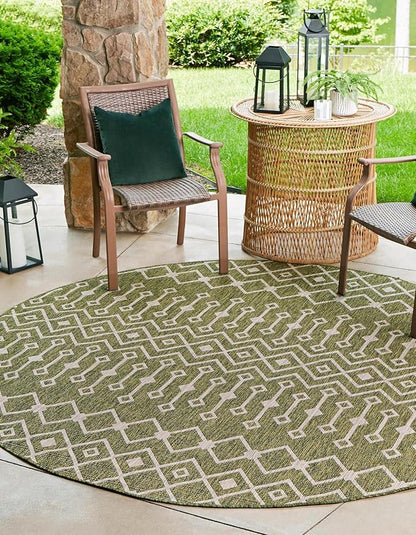 Unique Loom Outdoor Trellis Collection Area Rug - Tribal Trellis (5' 3" Round, Green/ Natural)