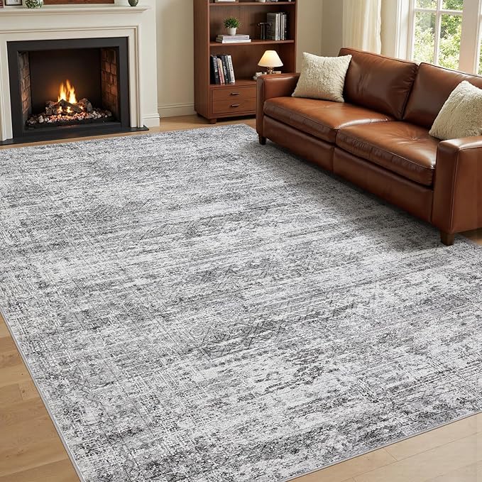 9x12 Area Rug Living Room Rugs - Washable Neutral Modern Abstract Soft Thin Rug Indoor Floor No Slip Rug Carpet for Bedroom Under Dining Table Home Office Decor - Light Gray