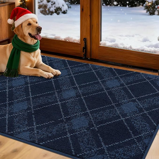 COSY HOMEER Plaid Door Mat 32" x 48",Dirt Trapper Entryway Rugs,Non-Slip Washable Farmhouse Doormat,Low Profile Welcome Mats for Paws Navy Blue