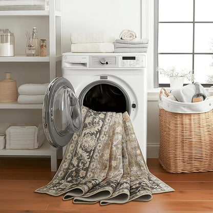 ReaLife Rugs Machine Washable Area Rug Runner - Living Room Bedroom Bathroom Kitchen Entryway Office - Padded Low Pile Stain Resistant Premium - Boho Farmhouse Vintage - BEV - Beige Tan Brown 3' x 5'