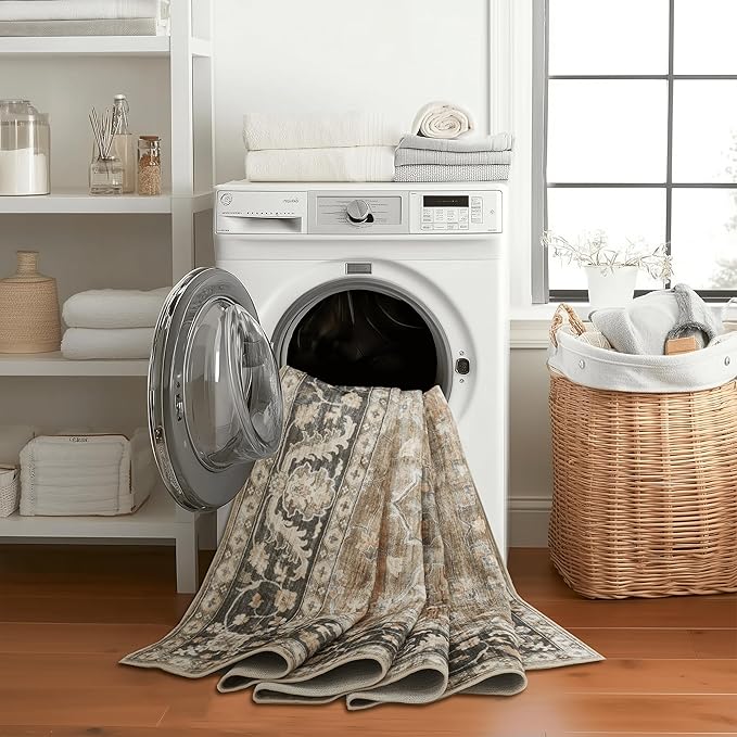 ReaLife Rugs Machine Washable Area Rug - Living Room Bedroom Bathroom Kitchen Entryway Office - Padded Low Pile Stain Resistant Premium - Boho Farmhouse Vintage - BEV - Beige Tan Brown 4' x 6'