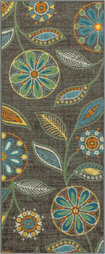 Maples Rugs Reggie Floral Runner Rug - Made in USA - Washable, Non Slip Indoor Carpet for Kitchen, Hallway, and Laundry Room, 2' x 5', Dark Grey