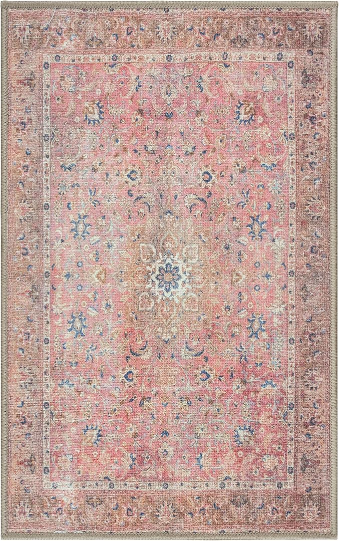 GLN Rugs Traditional Collection - Machine Washable Area Rug, Traditional Washable, Non Slip, Low Pile Chenille Rug, Living Room, Bedroom, Kitchen Rug (2' x 3' Pink/Cream)