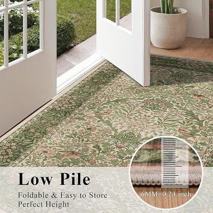 2.6x8 Floral Washable Area Rug Soft Runner Rugs for Kitchen, Vintage Boho Hallway Rug for Bedroom Dining Room, Botanical Birds Non Slip Low Pile Throw Carpet, Retro Pink/Green