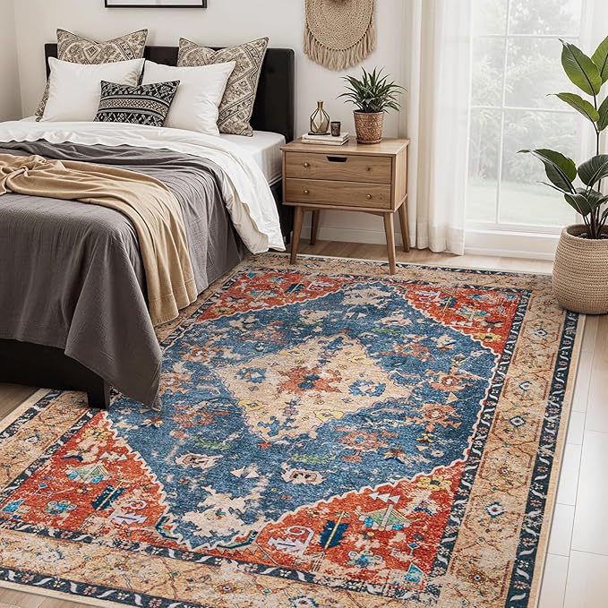 Area Rug 5x7 Washable Rug, Vintage Boho Medallion Rugs Non-Slip Soft Low Pile Large Distressed Rug Indoor Retro Carpet for Living Room Bedroom Dining Room Home Office (Tribal Medallion/Multi, 5'x7')