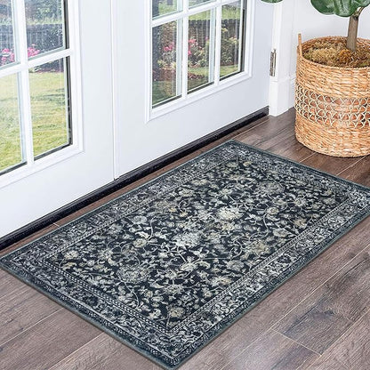 KILOCOCO Moroccan Small Area Rug 2x3 Entryway Rugs Printed Vintage Floral Washable Rug Non-Slip Kitchen Rug Indoor Door Mat, Accent Throw Small Rugs for Laundry Room Bedroom Entrance, Navy/Charcoal