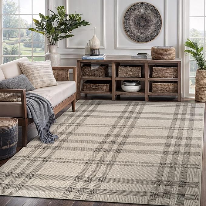 CAMILSON Easy Jute Rug 8x10, Indoor Outdoor Off-White Color Fiber Area Rugs for Entry, Living Room and Bedroom Rug, Checkred Boho Woven Design, Easy-Cleaning, Washable Outside Carpet (8 x 10)