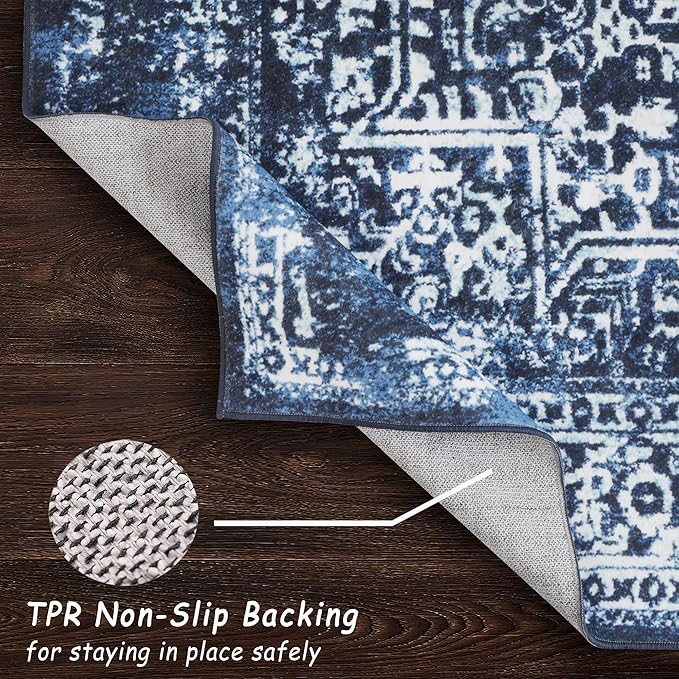 vivorug 3x5 Area Rugs, Stain Resistant Washable Rug for Living Room, Vintage-Inspired (Navy Blue, 3'x5')