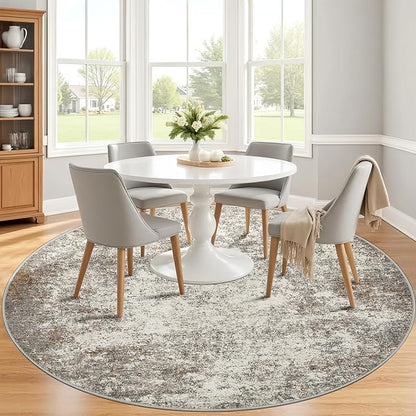 6ft Washable Round Rug - 6x6 Area Rugs Modern Abstract Rugs for Living Room Non-Slip Low Pile Soft Machine Washable Carpet for Bedroom, Living Room, Dining Room, Nursery, Farmhouse (6'x6' Brown Grey)