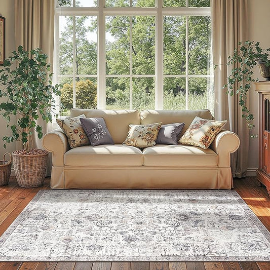 jinchan Kalen Area Rug 4x6 Washable Bedroom Rug Vintage Indoor Thin Floor Cover Retro Accent Mat Distressed Gray Floral Country Boho Non Slip Carpet for Living Room Kitchen Dining Room Office Grey