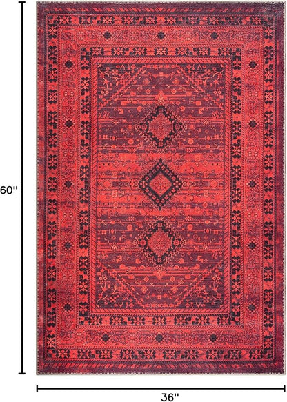Bloom Rugs Washable Non-Slip 3' x 5' Rug - Red Traditional Bordered Area Rug for Living Room, Bedroom, Dining Room, and Kitchen - Exact Size: 3' x 5'