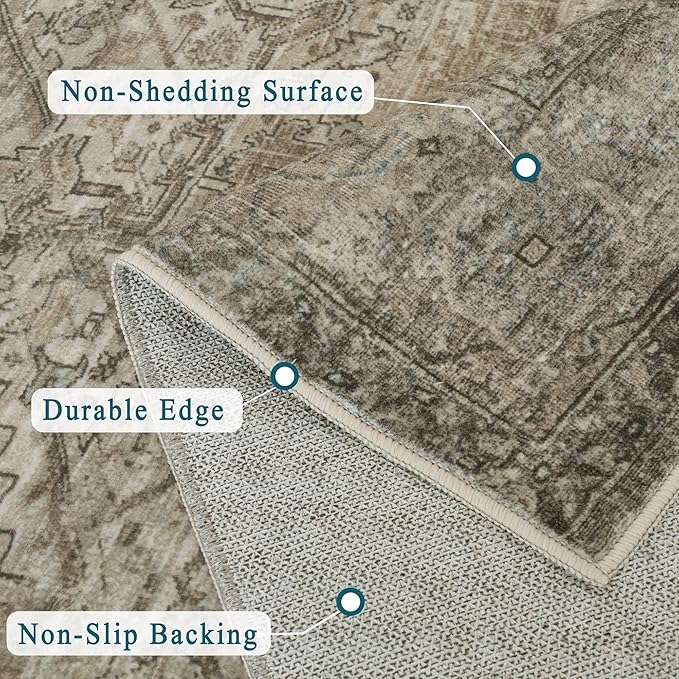 vivorug 5x7 Area Rugs - Ultra-Thin Washable Rug with Non-Slip Backing, Ideal for Living Room, Bedroom, Kitchen Floor Carpet - Vintage, Easy Clean, Durable, Olive