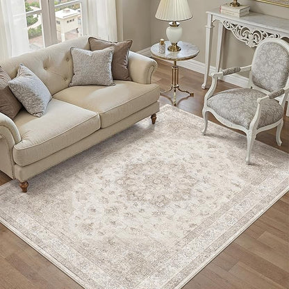 Beige Area Rug 3x4 Washable Vintage Carpet Entryway Office Soft Retro Kitchen Low Pile Thin Door Mat Non Slip Oriental Medallion Throw Small Rug for Bathroom Bedroom Dining Living Room