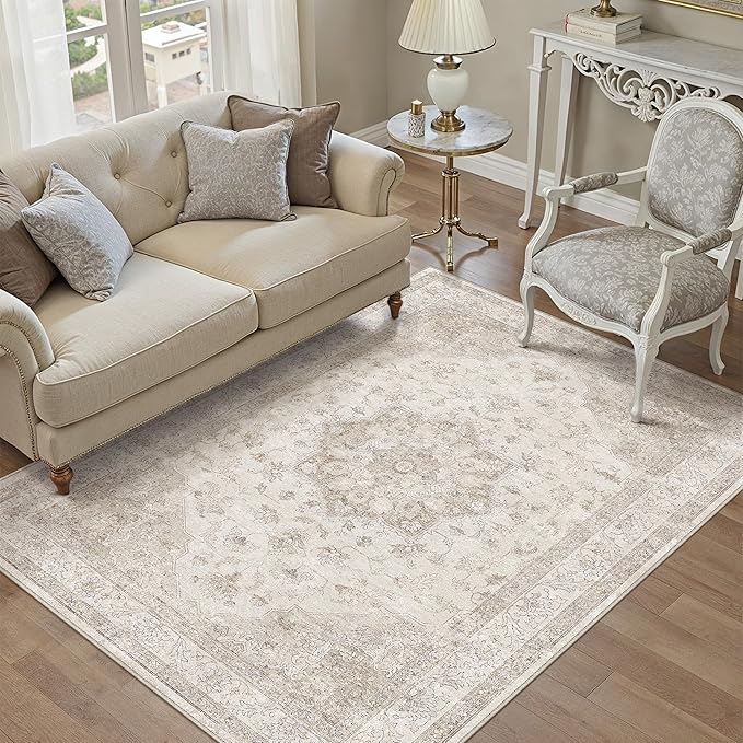 Beige Area Rug 3x5 Washable Vintage Carpet for Entryway Office Soft Retro Kitchen Low Pile Thin Door Mat Non Slip Oriental Medallion Throw Rug for Bathroom Bedroom Dining Living Room