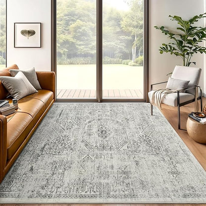5x7 Area Rugs Grey Low Pile Indoor Washable Trendy Faded Style Floral Rugs for Bedroom Living Room Dining Room Foldable Non-Slip Thin Print Mat