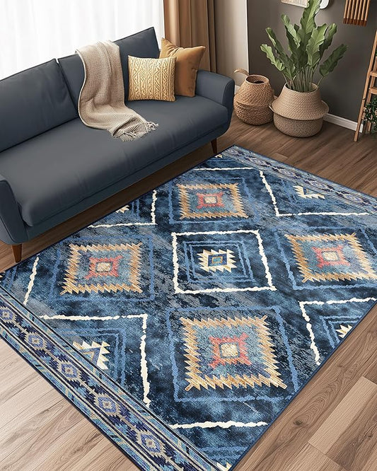 Area Rug 3x5 Rug Machine Washable Non-Slip Low Pile Print Pattern Western Rug for Living Room Bedroom Entryway Tribal Series -Darkblue