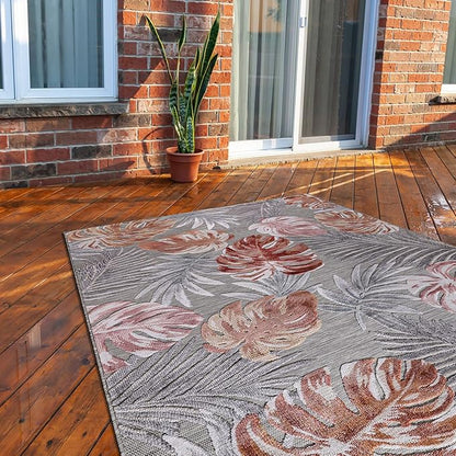 CAMILSON Indoor Outdoor Rug, Mult 9’x12’ Leaf Tropical Botanical Area Rugs for Indoor and Outdoor patios, Easy-Cleaning Non-Shedding Living Room, Garden and Kitchen Washable Outside Carpet (9x12)