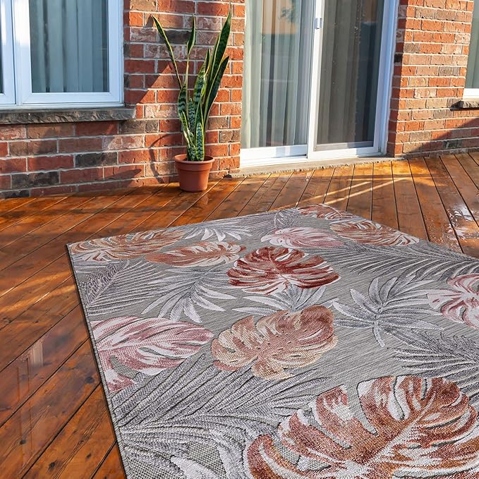 CAMILSON Indoor Outdoor Rug, Multi Color 6’x9’ Leaf Tropical Botanical Area Rugs for Indoor and Outdoor patios, Easy-Cleaning Non-Shedding Living Room, Garden and Kitchen Washable Outside Carpet (6x9)