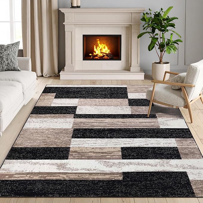 Superior Indoor Area Rug, Jute Backing, Plush Modern Rugs for Entryway, Kitchen Floors, Office Floor Cover, Color Block Rugs, Rockwood Collection, 5' x 8', Ivory/Beige