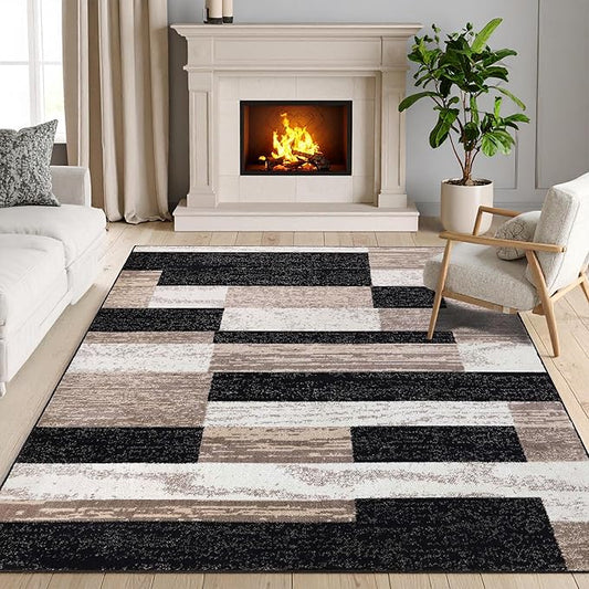 Superior Indoor Area Rug, Jute Backing, Plush Modern Rugs for Entryway, Kitchen Floors, Office Floor Cover, Color Block Rugs, Rockwood Collection, 8' x 10', Ivory/Beige
