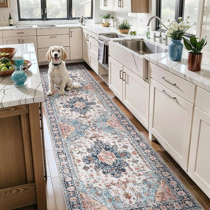 Tangsoo Hallway Runner Rugs 2.6x12 Washable Runner Rug for Hallways, Non Slip Vintage Soft Low Pile Long Rugs Runner, Oriental Carpet Runners for Kitchen Bedroom Entryway Living Room Blue/Orange