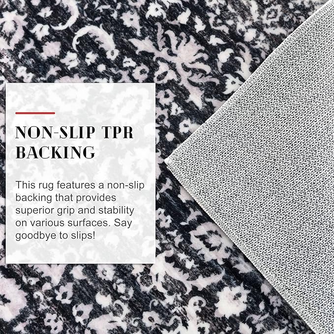 Hallway Runner Rug, Black and White Washable Runner Rug 2x8 Vintage Floral Kitchen Rug Runner Non Slip Boho Thin Printed Faux Wool Super Soft Carpet for Entryway Bedroom Laundry Room Indoor