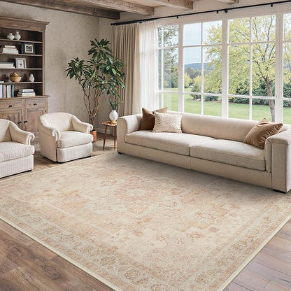 8x10 Area Rugs for Living Room, Machine Washable Non Slip Vintage Rugs, Low Pile Lightweigt Print Indoor Rug for Bedroom, Dining Room, Home Office, Pink