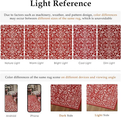 Christmas Runner Rug 2x6 Red Washable Hallway Carpet Retro Floral Holiday Decorative Non Slip Low Pile Soft Throw Long Xmas Rug for Kitchen Bedroom Bathroom