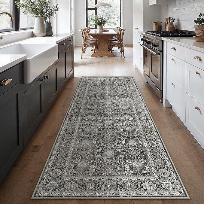 Black Runner Rug 3x7 Vintage Area Carpet Hallway Long Indoor Kitchen Washable Living Room Low Pile Traditional Distressed Retro Accent Throw Rug Non Slip Laundry Bathroom Office Dining Room