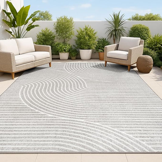JONATHAN Y Hallie High-Low Curve Gray/Ivory Indoor/Outdoor Area Rug, 9x12, Minimalist, Pet Friendly, Non-Shedding, Stain Resistant, Hose-Washable for Backyard, Patio, Porch (SCN100A-9)