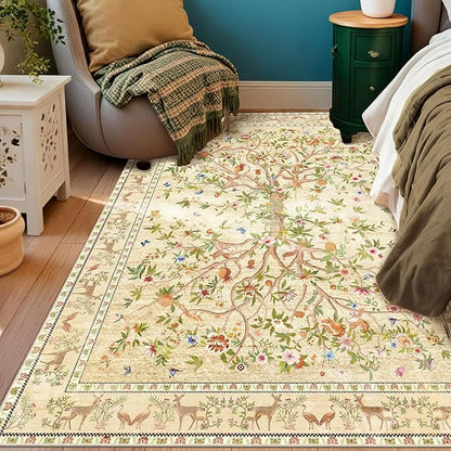 3x5 Area Rug Washable, Non-Slip Small Rug Carpet, Floral Boho Low Pile Soft Throw Rugs for Entryway, Bedroom, Kids Room, Dorm, Office, Nursery, Vintage Home Decor（Beige）