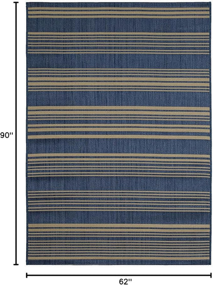 FH Home Outdoor Rug - Waterproof Easy to Clean Stain Resistant - Patio Indoor Outdoor Porch Deck Balcony Entryway - Striped Coastal - Newport - Blue - 5ft 2in x 7ft 6in