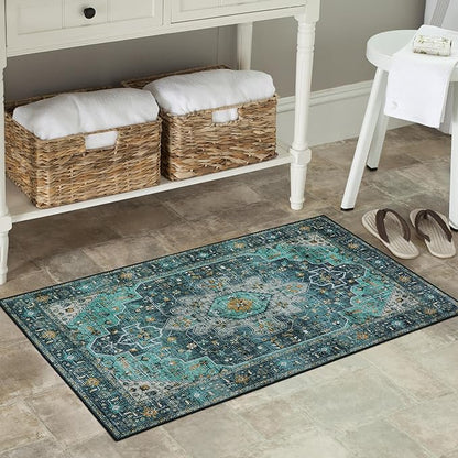 Moynesa Ultra-Thin Washable Area Rug - 2x3 Teal Small Entryway Rug Front Indoor Doormat, Boho Non-Slip Stain Resistance Low Pile Accent Carpet for Kitchen Bathroom Home Laundry Room Hall Decor