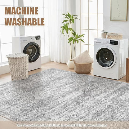 Area Rug Living Room Rugs - 6x9 Abstract Large Soft Indoor Washable Rug Neutral Modern Low Pile Carpet for Bedroom Dining Room Farmhouse Home Office - Vintage Grey